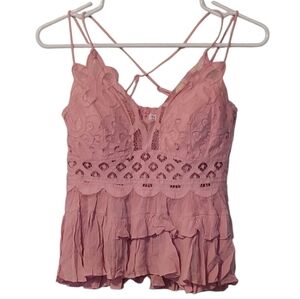 Zenana Outfitters Lace Pink Halter Crisscross Cropped Camisole